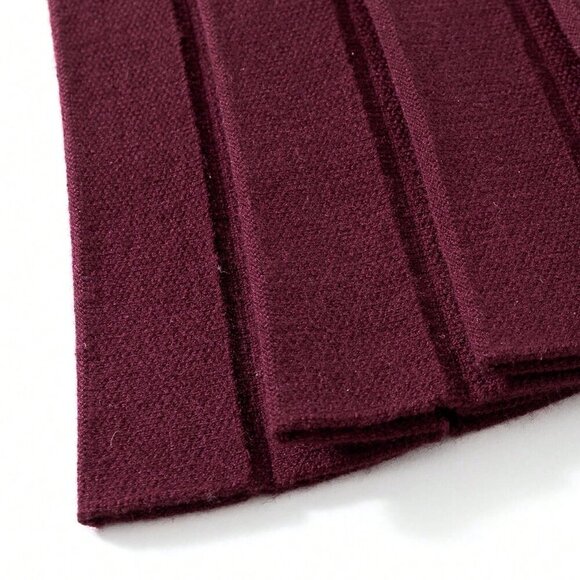 Burgundy Casual Women's Pleated Knit Sweater & Mini Skirt Set - Picture 6 of 8